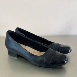 Clarks Black Flats with Glossy Toe Cap
